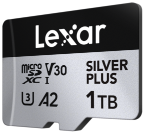 800q-02_128513 The Lexar microSDXC Silver Plus 1066x 1TB memory card is a black and silver memory card with bold white text, V30, U3, A2 speed ratings and a storage capacity of 1TB.