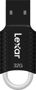 800q-03_110737 Lähikuva mustasta Lexar JumpDrive V40 USB 2.0 -muistitikusta (32 Gt), jossa on pistemäinen kuvio ja pyöreä valkoinen silmukka pohjassa.