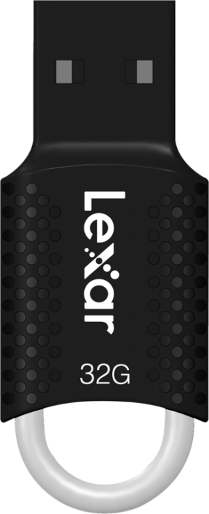 Close-up of a black Lexar JumpDrive V40 USB 2.0 flash drive (32GB) with a dotted pattern and a round white loop on the bottom.
