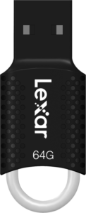 800q-05_110737 Lexar JumpDrive V40 (USB 2.0) 64GB on musta muistitikku, jossa on pistemäinen sivukuviointi ja valkoinen silmukka alareunassa avaimenperän kiinnitystä varten.