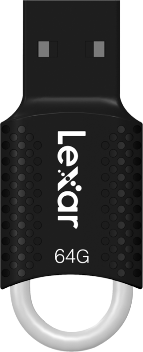 800q-05_110737 Lexar JumpDrive V40 (USB 2.0) 64GB on musta muistitikku, jossa on pistemäinen sivukuviointi ja valkoinen silmukka alareunassa avaimenperän kiinnitystä varten.