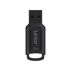 Lexar JumpDrive V400 1 Lexar JumpDrive V400 Flash Drive, R100 (USB 3.0) 32GB on musta, suorakulmainen, siinä on kuvioidut sivut, ja sen pohjassa on lenkki avaimenperään kiinnittämistä varten.