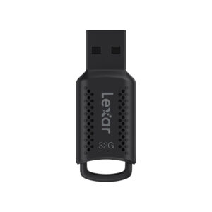 Lexar JumpDrive V400 1 The Lexar JumpDrive V400 Flash Drive, R100 (USB 3.0) 32GB is black, rectangular, has textured sides, and has a loop on the bottom for keychain attachment.
