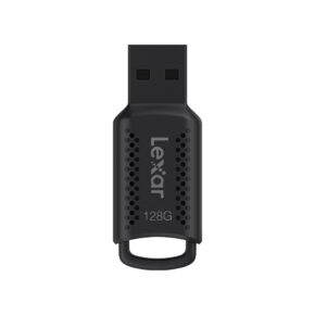 Lexar JumpDrive V400128 Black Lexar JumpDrive V400, R100 (USB 3.0) 128GB, top view with "Lexar" and "128G" printed on it, showing the USB connector and a small keychain loop at the bottom.