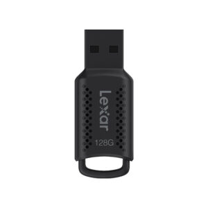 Lexar JumpDrive V400128 Musta Lexar JumpDrive V400 -muistitikku, R100 (USB 3.0) 128 Gt, ylhäältä päin katsottuna, jossa on painettu "Lexar" ja "128G", ja jossa näkyy USB-liitin ja pieni avaimenperän silmukka alareunassa.