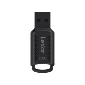 Lexar JumpDrive V400256 The black Lexar JumpDrive V400 (256GB, USB 3.0, R100) with "Lexar" on the front and "256G" with a textured grip and keychain tab appears on a white background.