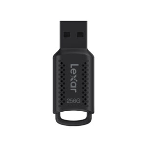 Lexar JumpDrive V400256 The black Lexar JumpDrive V400 (256GB, USB 3.0, R100) with "Lexar" on the front and "256G" with a textured grip and keychain tab appears on a white background.