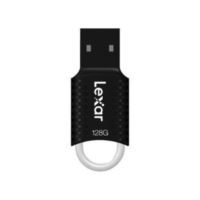 Lexar JumpDrive V40128 The Lexar JumpDrive V40 (USB 2.0) 128GB is a black flash drive with a textured handle and a round keyhole at the bottom.