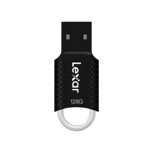 Lexar JumpDrive V40128 Lexar JumpDrive V40 (USB 2.0) 128GB on musta muistitikku, jossa on kuvioitu kahva ja pyöreä avaimenperän reikä pohjassa.