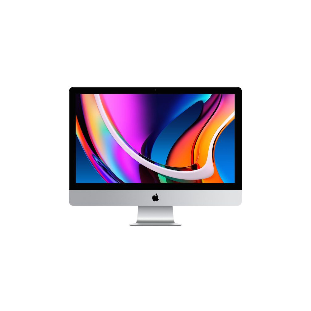 imac Apple iMac 27" Retina 5K 2020 - Käytetty -näytössä on tyylikäs hopeinen pohja ja musta kehys, ja sen näytöllä näkyy elävä abstrakti kuva valkoista taustaa vasten.