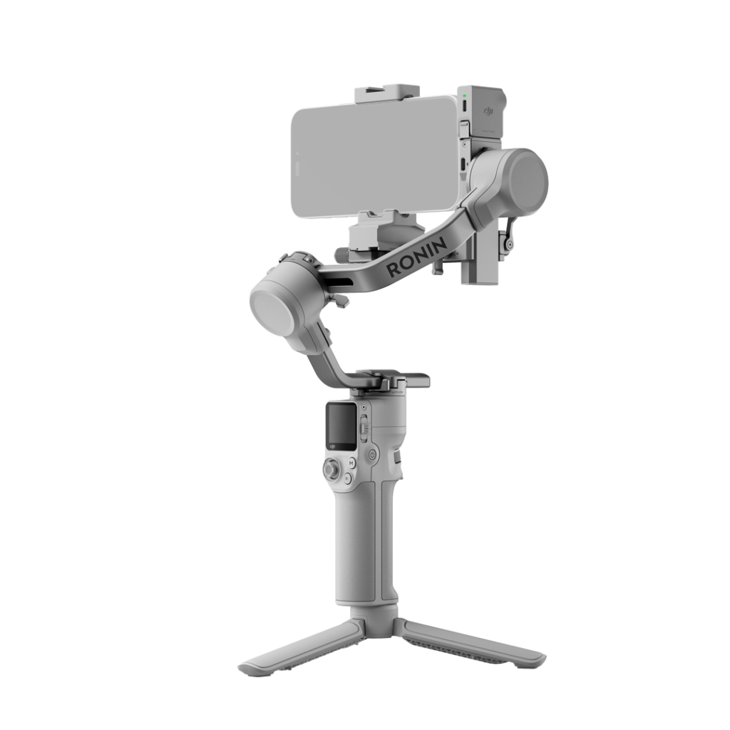 1080x1080_HG724_背面45_300 The grey DJI RS 4 Mini gimbal smartphone handheld stands upright on a tripod, with the smartphone mounted horizontally at the top against a white background.