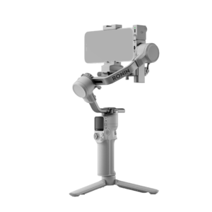 1080x1080_HG724_背面45_300 The grey DJI RS 4 Mini gimbal smartphone handheld stands upright on a tripod, with the smartphone mounted horizontally at the top against a white background.