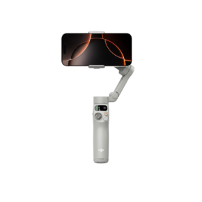 1080x1080_Osmo Mobile 7-5 The smartphone is attached to a grey DJI Osmo Mobile 7 handheld gimbal stabilizer against a white background. The phone's screen has a dark background image with orange curved lines.