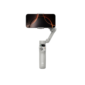 1080x1080_Osmo Mobile 7-5 The smartphone is attached to a grey DJI Osmo Mobile 7 handheld gimbal stabilizer against a white background. The phone's screen has a dark background image with orange curved lines.
