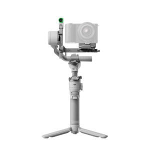 The DJI RS 4 Mini Combo gimbal handheld camera stabilizer is shown upright on its folding stand, with a digital camera attached against a white background.