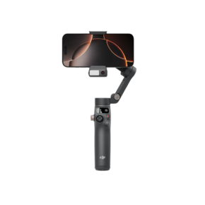 1080x1080_osmo mobile 7P with phone-1 Black DJI Osmo Mobile 7P gimbal for mobile phone with phone and small camera mounted horizontally on a stabilizer, viewed against a white background.
