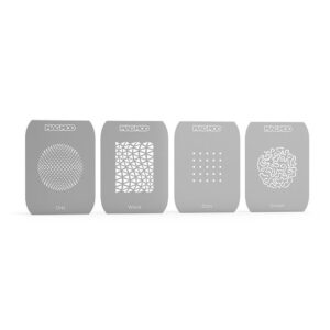 1479451619_374 Neljä suorakaiteen muotoista harmaata MagMod MagMask Pattern 1 -kaavioita - Orb, Wave, Dots ja Dream - joissa jokaisessa on selkeä geometrinen tai abstrakti leikkauskuvio - ovat vierekkäin valkoisella pohjalla.