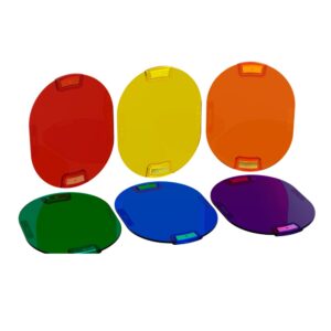 1645176498_419 Kuusi MagMod Pro Creative Gels - soikeaa muovikiekkoa punaisena, keltaisena, oranssina, vihreänä, sinisenä ja violettina - joissa jokaisessa on pieni läpikuultava kahva toisessa reunassa, ja jotka on järjestetty kahteen riviin valkoisella pohjalla.