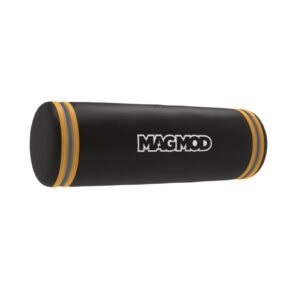 1651134916_659 The MagMod MagBox Small Case is a cylindrical black case with orange and yellow ribbons on both ends and "MAGMOD" printed in bold white letters in the centre.