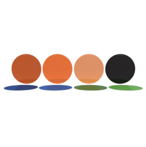 1651138743_853 Four coloured circles representing MagMod correction gels (red, orange, peach, black) are placed in a row, with corresponding coloured shadows (two blue, one green, one black) on a white background.