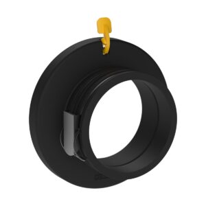 1680083161_713 MagMod Speedring Pro Profotolle on musta, pyöreä putkiliitin, jossa on suuri laippa ja ulkoneva sylinterimäinen osa, jonka päällä on pieni keltainen vipumainen kahva helppoa mekanismia tai säätöä varten.