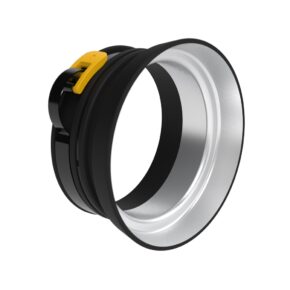 MMXPRFMT01-01 The MagMod XL Reflector Profoto Mount is a black and silver cylindrical metal connector with a yellow latch, designed for use in ventilation or HVAC ducts. It is shown against a white background.