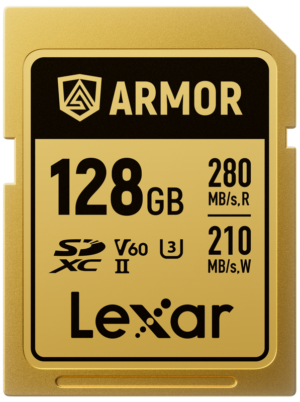 800q-01_130963 The Lexar SDXC ARMOR Gold UHS-II IP68 R280/W210 128GB memory card with V60 and U3 speed class symbols on the front offers 128GB capacity, 280 MB/s read and 210 MB/s write speeds.