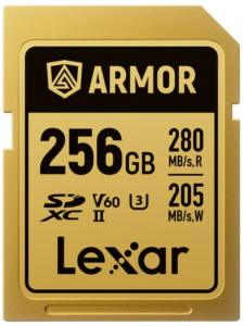 Lexar SDXC ARMOR Gold UHS-II IP68 256 Gt:n muistikortti, jossa on 280 MB/s luku- ja 210 MB/s kirjoitusnopeus, V60- ja U3-luokitus.
