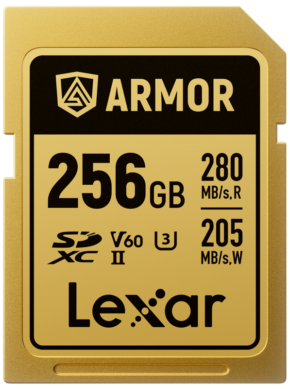 800q-01_130964 Lexar SDXC ARMOR Gold UHS-II IP68 256 Gt:n muistikortti, jossa on 280 MB/s luku- ja 210 MB/s kirjoitusnopeus, V60- ja U3-luokitus.
