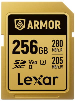 800q-01_130964 Lexar SDXC ARMOR Gold UHS-II IP68 256 Gt:n muistikortti, jossa on 280 MB/s luku- ja 210 MB/s kirjoitusnopeus, V60- ja U3-luokitus.