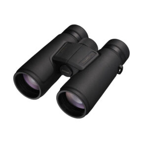 Monarch_M5_001 Nikon Monarch M5 8×42 binoculars with textured handles and twin lenses, shot at an angle against a white background.