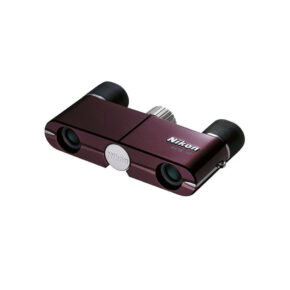 Nikon 4x10 DCF b The Nikon 4X10 DCF binoculars in burgundy have a compact red-brown design, black eyepieces and a silver centre focus knob on a white background.