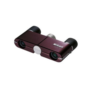 Nikon 4x10 DCF b The Nikon 4X10 DCF binoculars in burgundy have a compact red-brown design, black eyepieces and a silver centre focus knob on a white background.