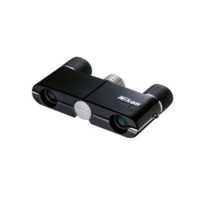 Nikon 4x10 DCF m The Nikon 4X10 DCF Binocular, Black is a compact black binocular with a modern design, two eyepieces, a central focus knob and the Nikon logo on the top. They appear against a white background.