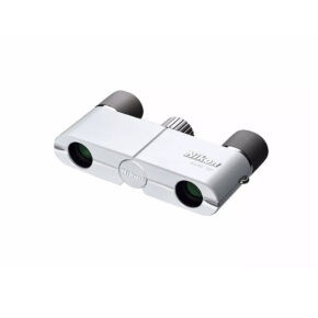 Nikon 4X10 DCF v The Nikon 4X10 DCF Binocular, White is a compact white binocular with black eyepieces and green tinted lenses, viewed at an angle on a white background.