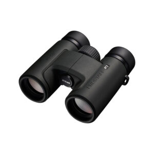 Nikon PROSTAFF P7 10x30 1 The black Nikon Prostaff P7 10x30 binoculars feature a textured grip, a central focusing wheel and two large eyepieces positioned to the right on a white background.