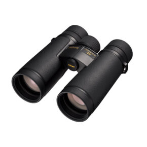 Nikon_Monarch_HG_0004 (1) A pair of black Nikon Monarch HG 10x42 binoculars with textured handles, angled so that the eyepieces, lenses and focus wheel are visible against a white background.