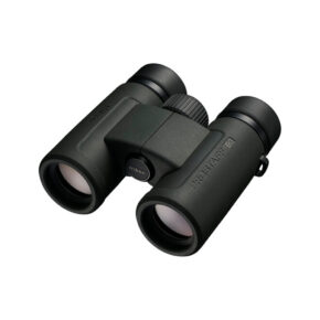 prostaff p3 10x30 7 Black Nikon Prostaff P3 10x30 binoculars with textured grip, centre focus knob and two large eyepieces, shown on a white background.