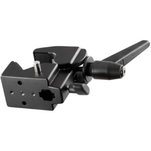 Godox LSA-03 Nano Clamp -puristin on musta metallinen kiinnitin, jossa on säädettävät nupit ja vipukahva ja joka on suunniteltu laitteiden, kuten valaisimien tai kameroiden, turvalliseen kiinnittämiseen tai tarttumiseen.