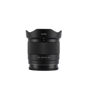 1721739586_871 Viltrox AF 40mm f/2.5 lens, Sony E is shown upright on a white background with the lens hood attached and the make and model information on the front.