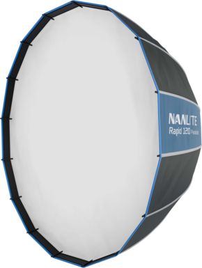 800q-01_130059 Nanlite Rapid 120 Parabolic Softbox on suuri, kahdeksankulmainen softbox, jossa on valkoinen diffuusori, musta ulkokuori, sininen reunus ja "NANLITE Rapid 120 Parabolic" sivulla.