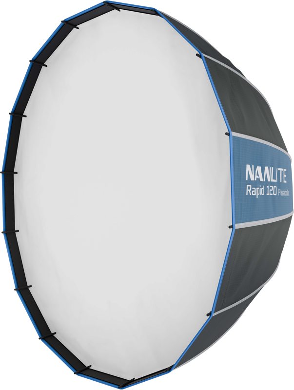 800q-01_130059 Nanlite Rapid 120 Parabolic Softbox on suuri, kahdeksankulmainen softbox, jossa on valkoinen diffuusori, musta ulkokuori, sininen reunus ja "NANLITE Rapid 120 Parabolic" sivulla.