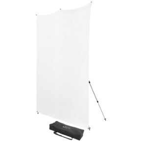 The Westcott X-Drop Pro Wrinkle-Resistant Backdrop Kit High Key White includes a large white canvas backdrop supported by two adjustable stands and includes a rectangular black carrying case with handles. The background is plain white.