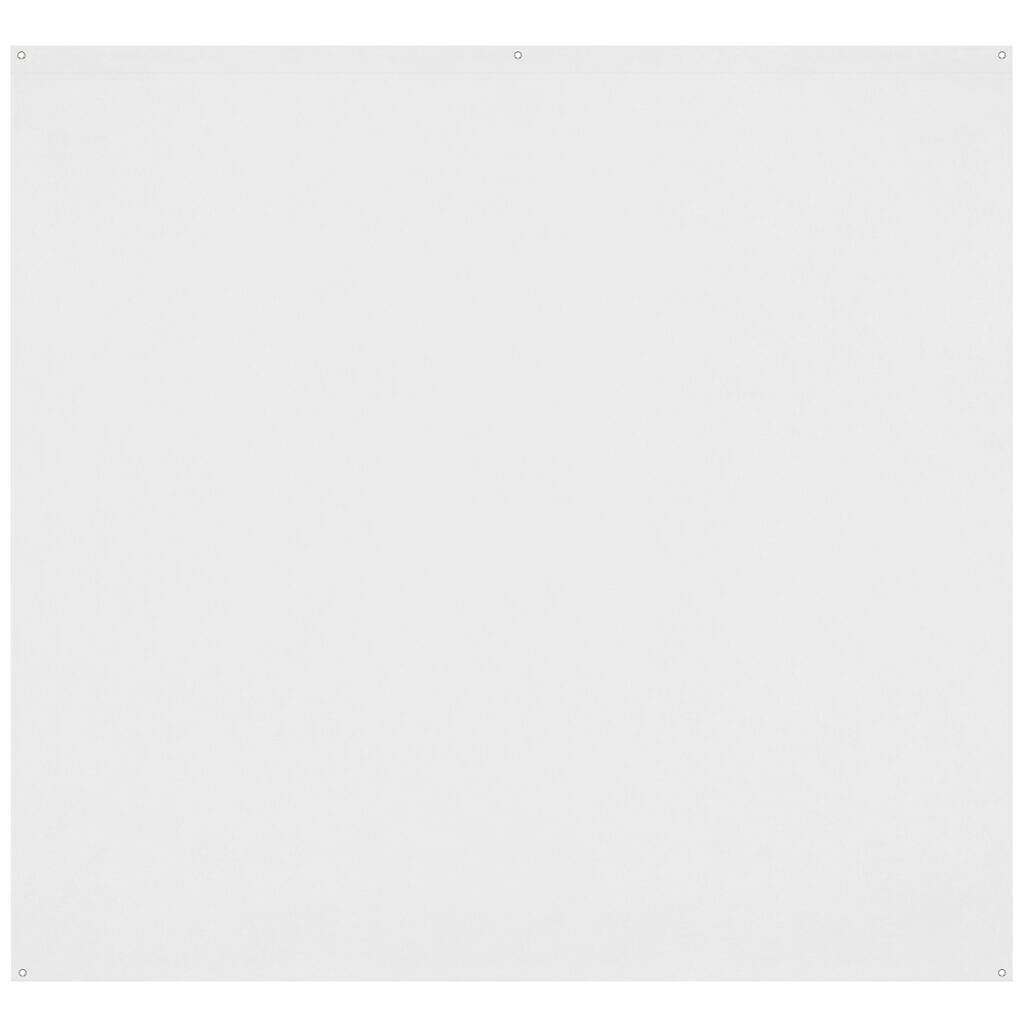 1656511490_900 Westcott X Drop Pro Wrinkle-Resistant Backdrop in High Key White (2,4 x 2,4 m) on suuri, tavallinen valkoinen suorakulmainen pinta, jonka yläkulmissa ja reunoissa on metalliset läpiviennit valkoista taustaa vasten.
