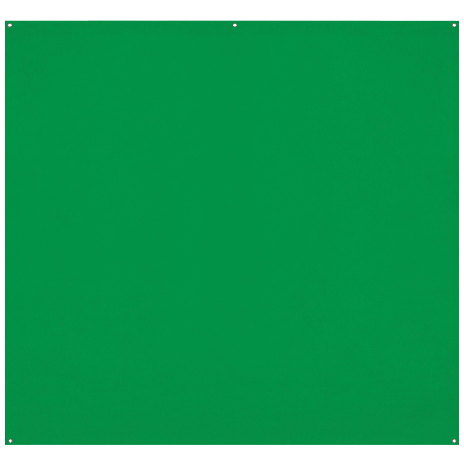 Westcott X Drop Pro Wrinkle-Resistant Backdrop - Chroma Key Green Screen (2,4 x 2,4 m) on suuri, litteä vihreä paneeli, jossa on kiinnitysreiät jokaisessa kulmassa ja keskellä yläreunassa, kuvassa valkoista taustaa vasten.