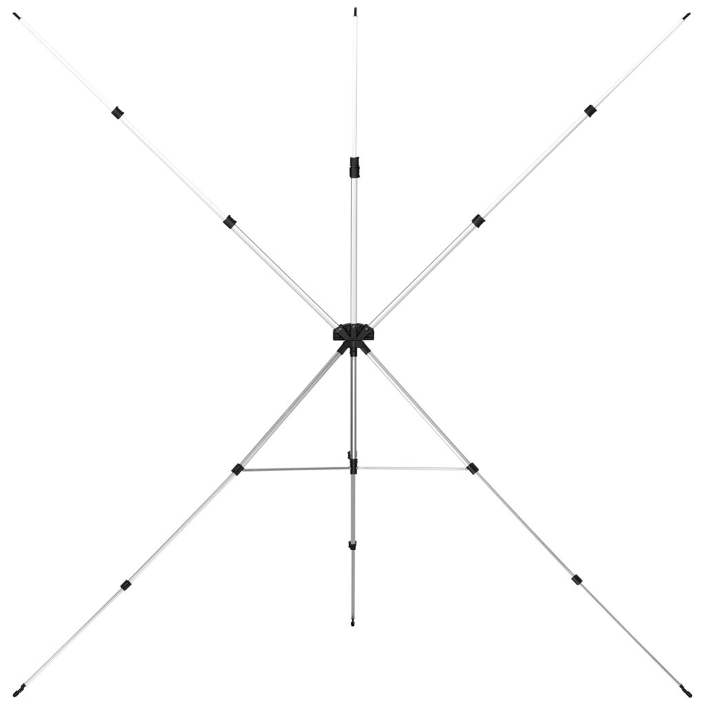 1656511625_023 The Westcott X Drop Pro Backdrop Stand (244 cm & 152 cm wide) is a silver, fully assembled X-style stand with adjustable arms and legs designed to hold backdrops upright for performance. Shown with white background.
