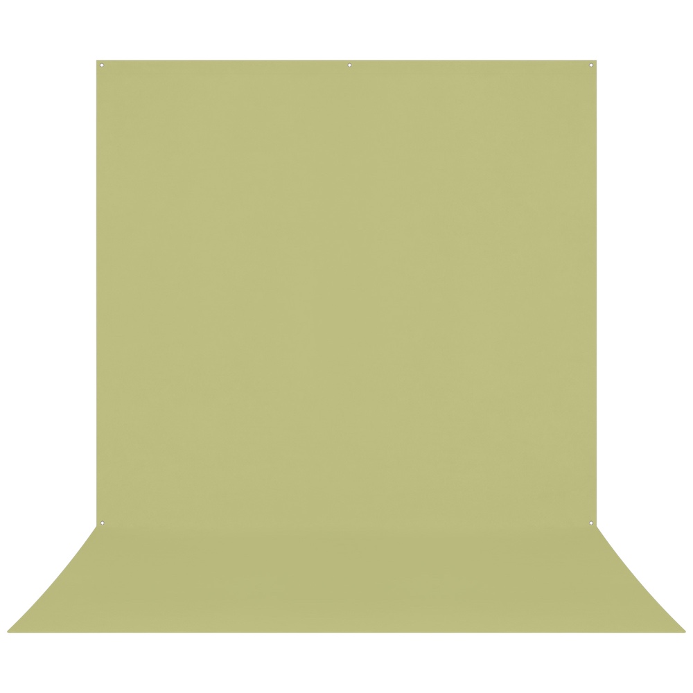 Westcott X Drop Pro Wrinkle-Resistant Backdrop in Moss Green Sweep (2,4 x 4 m) tarjoaa saumattoman vaalean oliivinvihreän pinnan pysty- ja lattia-alueiden välille, joka sopii täydellisesti valokuvaukseen, tässä valkoista taustaa vasten.