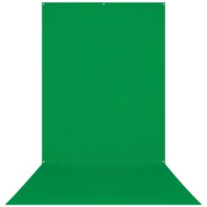 1675328844_577 Westcott X Drop Wrinkle Resistant Backdrop - Green Screen Sweep (152 x 366 cm) on saumaton vihreä tausta, jossa on kolme pientä reikää yläreunassa, ihanteellinen valokuvaukseen tai videotuotantoon green screeniksi.