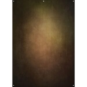 Joel Grimesin Westcott X Drop Stoffen Achtergrond - Warm Painterly (152 x 213 cm) -kuvassa on ruskean ja keltaisen värisävyinen kuvio, jossa on vinjettiefekti, neljä kulmareikää ja tumma, pehmeästi haalistunut tausta.