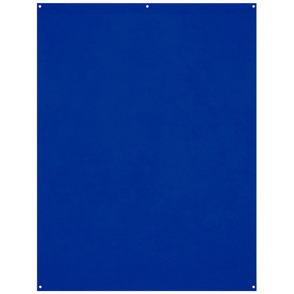 Westcott X Drop Wrinkle-Resistant Backdrop Royal Blue/Chroma Key Blue (1,5 x 2,1 m) on kiinteä suorakulmainen paneeli, jossa on neljä pientä pyöreää reikää kulmissa ja yksi yläreunassa, kaikki tasaisella, tasaisen värisellä pinnalla.